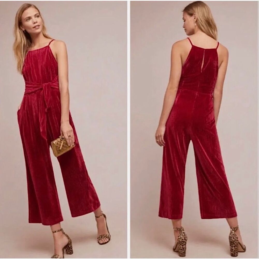 Anthropologie Greylin Jumpsuit Evelyn Velvet Tie Front Ribbed Cropped Wide Leg R